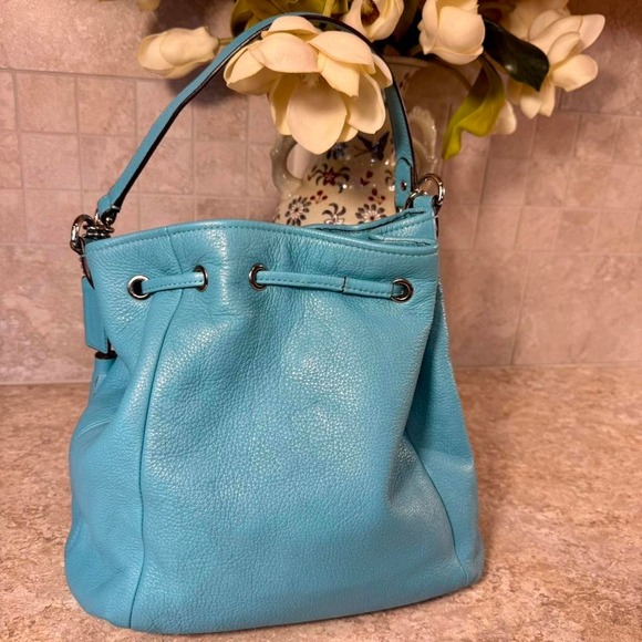 2014 Coach Legacy Drawstring Bucket Bag Turquoise Blue Leather Shoulder Purse main image 8